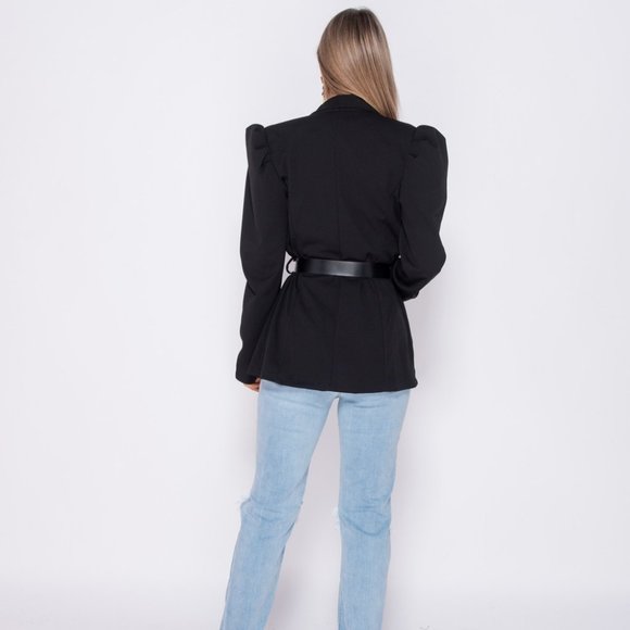 LAST 1 Black Long Puff Sleeve Belted Blazer Jacket - Picture 6 of 8